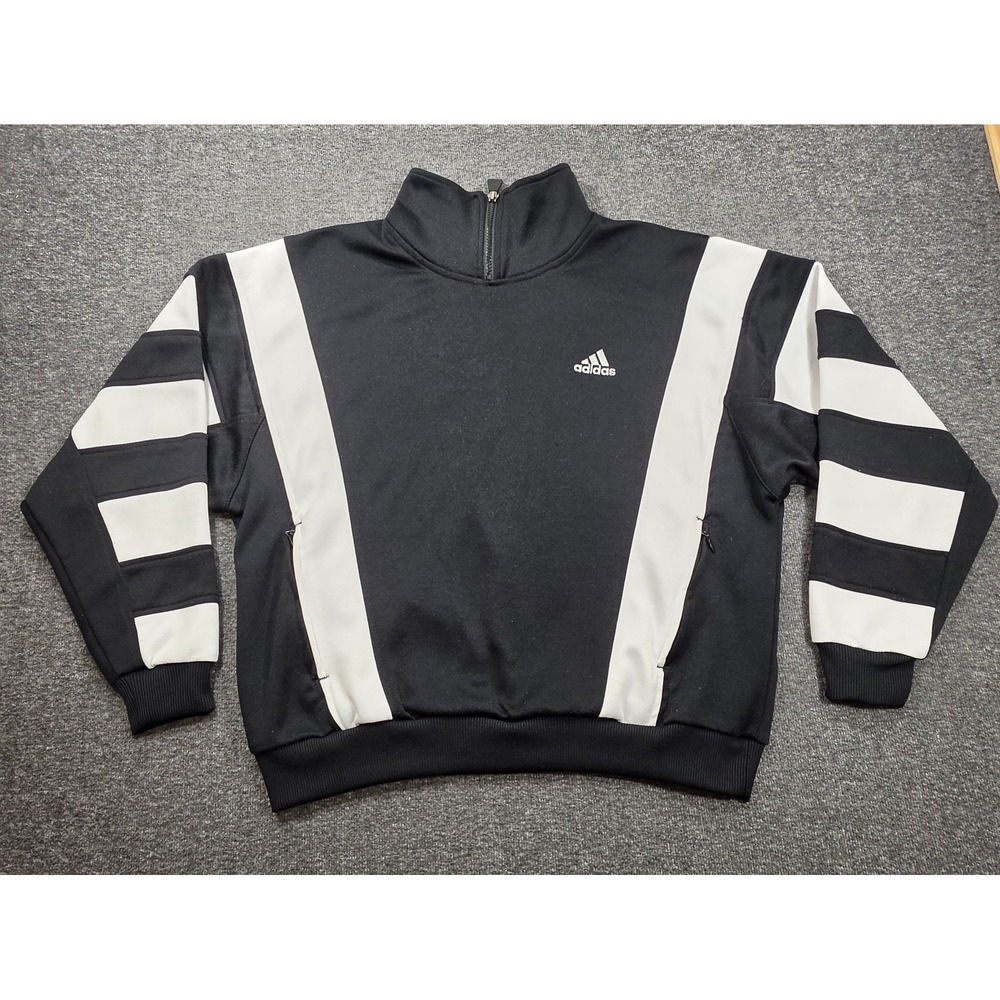 Vtg 90s Adidas Striped Quarter Zip Pullover Sweatshirt Black & White Sz Small